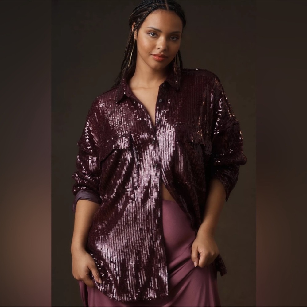 Anthropologie Plum Sequin Button-Down Shirt
